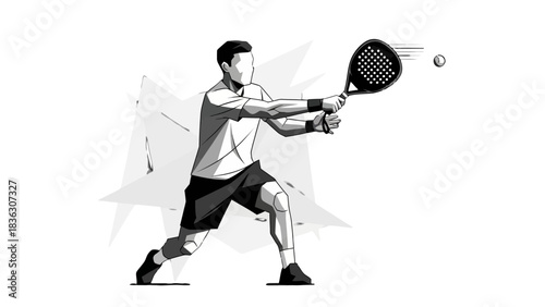 Black and white graphic illustration of a male padel player hitting the ball with a racket.