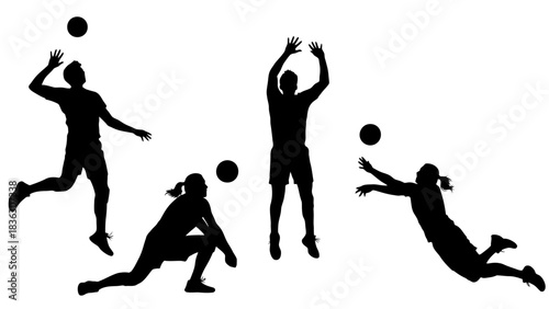 Silhouettes of volleyball players in various action poses during a game, showcasing different skills and movements.