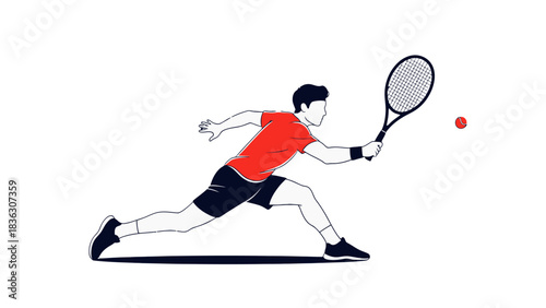 Illustration of a tennis player hitting a ball with a racket.