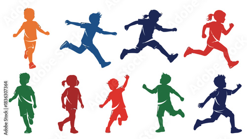 A collection of colorful silhouettes of active children running, jumping, and playing on a white background.