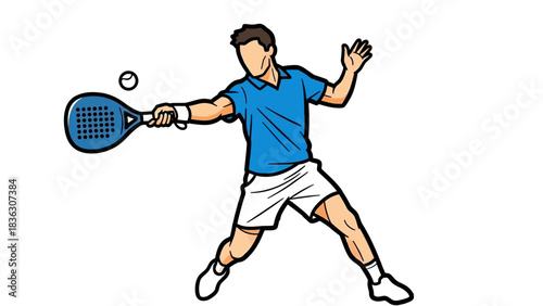 Illustration of a person playing padel, swinging a racket to hit the ball during a match.