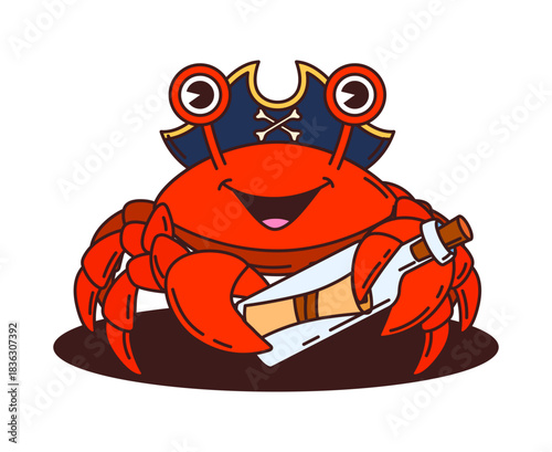 Cartoon funny crab animal pirate and corsair character with a message or map in glass bottle. Isolated vector filibuster crustacean personage ready for sea adventures and nautical treasure hunts