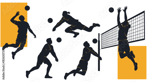 Silhouettes of volleyball players in various action poses during a game, illustrating serves, spikes, and blocks.