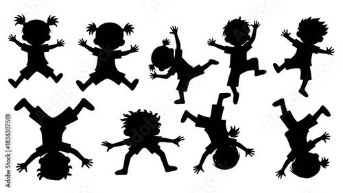Silhouette collection of children in various playful poses, showcasing energetic movements and joyful expressions.