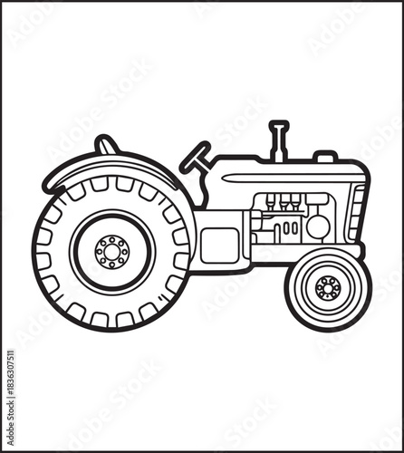 Tractor coloring page activity book for kids, black line art vector for design elements 