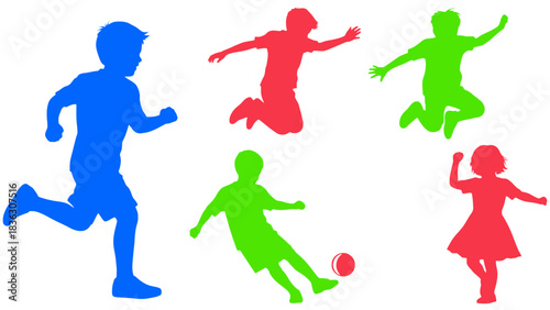 Colorful silhouettes of children playing, running, jumping, and kicking a soccer ball on a white background.
