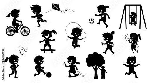 A collection of black silhouettes of children playing various outdoor games and activities like cycling, skateboarding, and flying a kite.