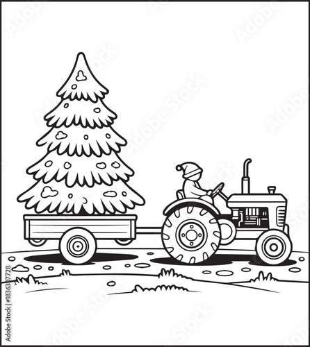 Tractor coloring page activity book for kids, black line art vector for design elements 