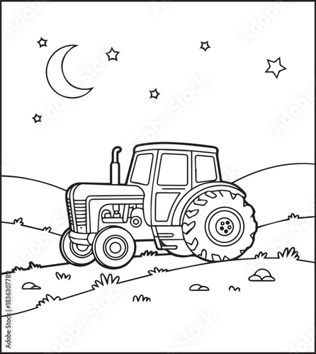 Tractor coloring page activity book for kids, black line art vector for design elements 