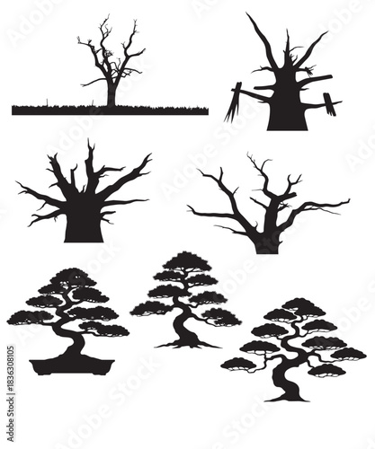 set of black silhouettes of trees 