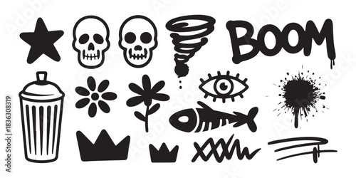 Set of various urban graffiti spray paint street art symbols, decorative design elements, comic boom explosion shapes