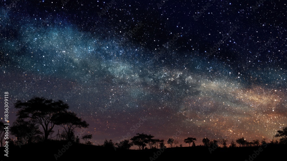 Naklejka premium A starry night sky with a silhouette of a tree and a few trees in the foreground, with a vast expanse of stars and a Milky Way-like galaxy in the background.