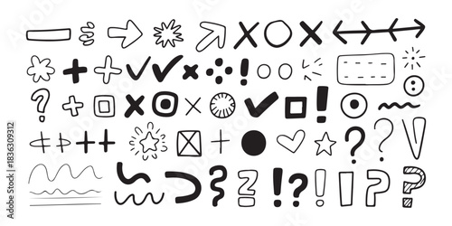 Set of various hand drawn doodle elements including arrows checks crosses circles waves and question marks