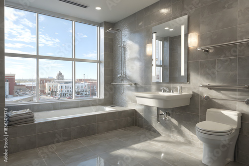 accessible bathroom with grab bars, large windows, and gray tiles
