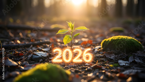 New beginning 2026 concept with green sprout growing in soil and glowing numbers at sunrise
