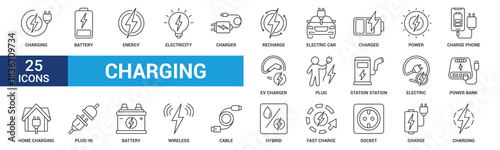 Charging icon set. Containing charge, battery, energy, electricity, charger, recharge, electric car and charging station icons. Outline icon collection. Vector illustration.