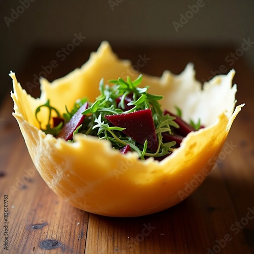 Artisanal Salad Presentation: Microgreens and Beetroot in an Edible Parmesan Cheese Bowl