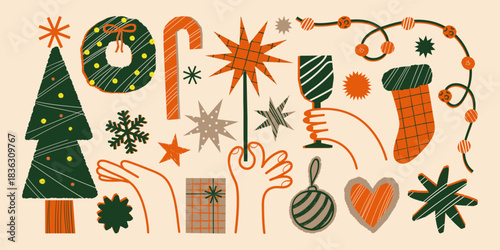 Christmas abstract cut-out shapes and decorations with ripped edges and crayon textures. Geometric winter holiday elements for collage, card, poster. Grunge vector design