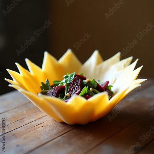 Artisanal Salad Presentation: Microgreens and Beetroot in an Edible Parmesan Cheese Bowl