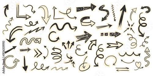 Scrapbook set with paper arrow cutout torn doodle scribble collage elements. Y2k swirl, up and down, right and left arrow collection.