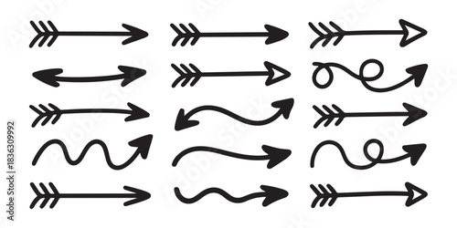 Diverse set of hand drawn arrows in various styles including classic, wavy, and pointed designs