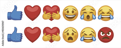 Social media reaction emoji collection set, isolated on white background with various emotional expressions