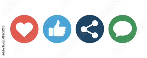Social media interface icons for like, heart, share, and comment functions on a white background