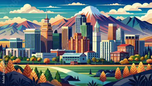 Very beautiful panoramic view of Salt Lake City framed by distant mountains, modern downtown buildings, clear western light, and a peaceful urban atmosphere ideal for scenic travel artwork.
