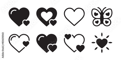 Collection of black heart and butterfly icons in various styles, isolated on a white background
