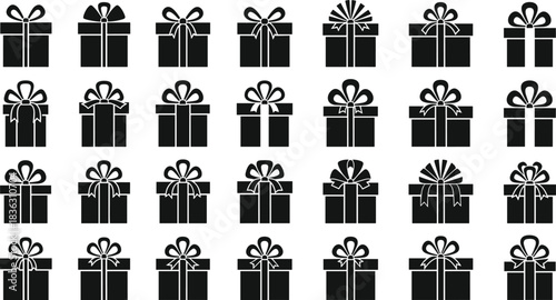 Collection of gift box silhouettes vector set in various styles and bow shapes, birthday Christmas surprise present package icon graphic design element