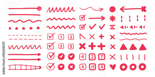 Set of red hand drawn doodle elements various arrows check marks lines and geometric shapes