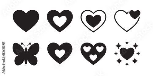 Set of eight distinct black heart shapes illustration, featuring solid, outlined, and butterfly designs