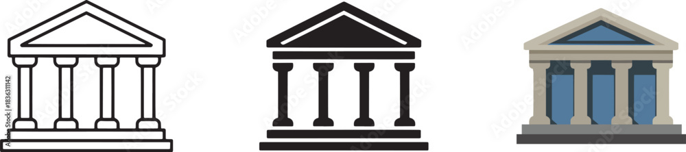 Naklejka premium Neoclassical building icon set representing justice finance government museum outline silhouette flat styles vector.