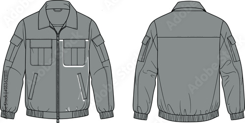 Men's military-style bomber jacket technical fashion flat sketch template front and back views with cargo pockets, apparel mock-up vector illustration cad drawing