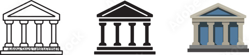 Neoclassical building icon set representing justice finance government museum outline silhouette flat styles vector.