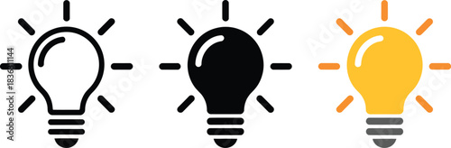 Glowing light bulb icon set representing new innovation idea solution creativity outline solid flat styles vector.