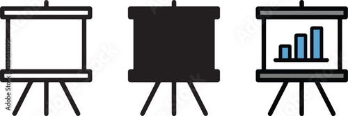 Presentation board screen displaying bar chart data analysis statistics report on tripod stand vector icons