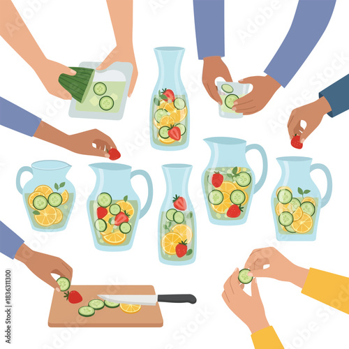 Various hands preparing and adding fruits and vegetables to pitchers of refreshing infused water.