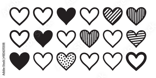 Black and white heart icons set in multiple rows representing love, affection, and emotional connection