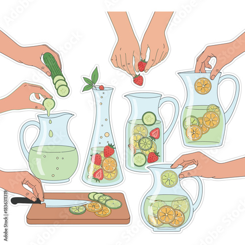 Hands preparing infused water with various fruits and vegetables in pitchers.