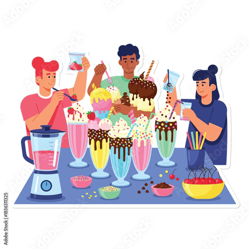 Three people preparing and decorating extravagant, colorful milkshakes with various toppings and ingredients.