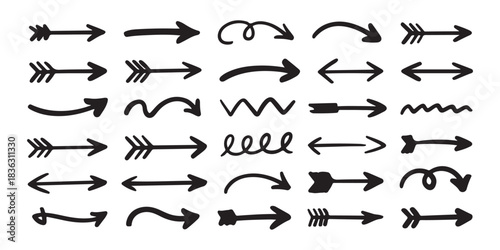Set of various hand-drawn doodle arrows pointing in different directions isolated on a white background