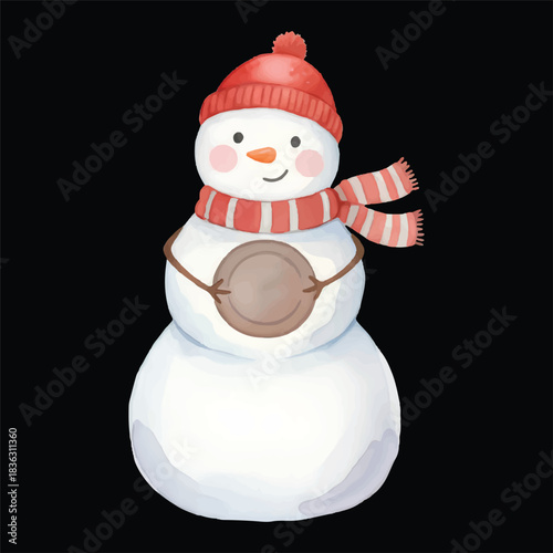 Cute Snowman Discus Thrower Watercolor, Isolated on Black Background, Vector Illustration
