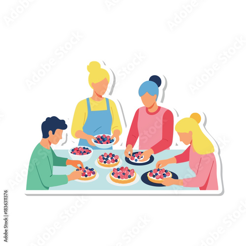A family of four decorating fruit tarts at a table. They are placing berries on the tarts.