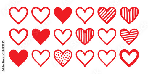 Red heart icons set in multiple rows representing love, affection, and emotional connection on clean backdrop