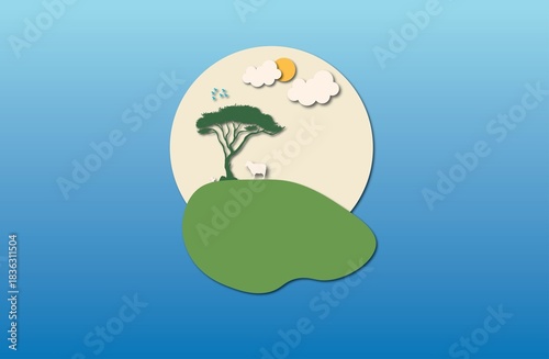 Simple 3D illustration of a green tree, a sheep under the tree, and a bird flying in front of a yellow sun, all on a blue background