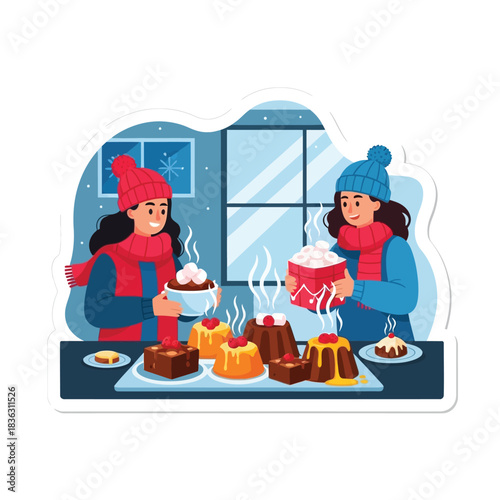 Two women enjoy warm desserts and drinks indoors during winter, smiling.