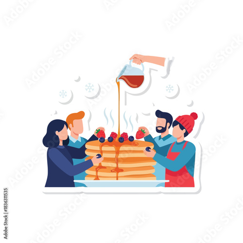 Group of people serving and enjoying a large stack of pancakes with syrup.