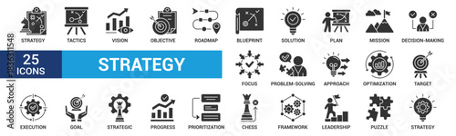 Strategy icon set. Containing goal, tactics, vision, plan, objective, roadmap, problem-solving, mission, solution and execution. Glyph vector icons collection.