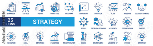 Strategy icon set. Containing goal, tactics, vision, plan, objective, roadmap, problem-solving, mission, solution and execution. Blue vector icons collection.